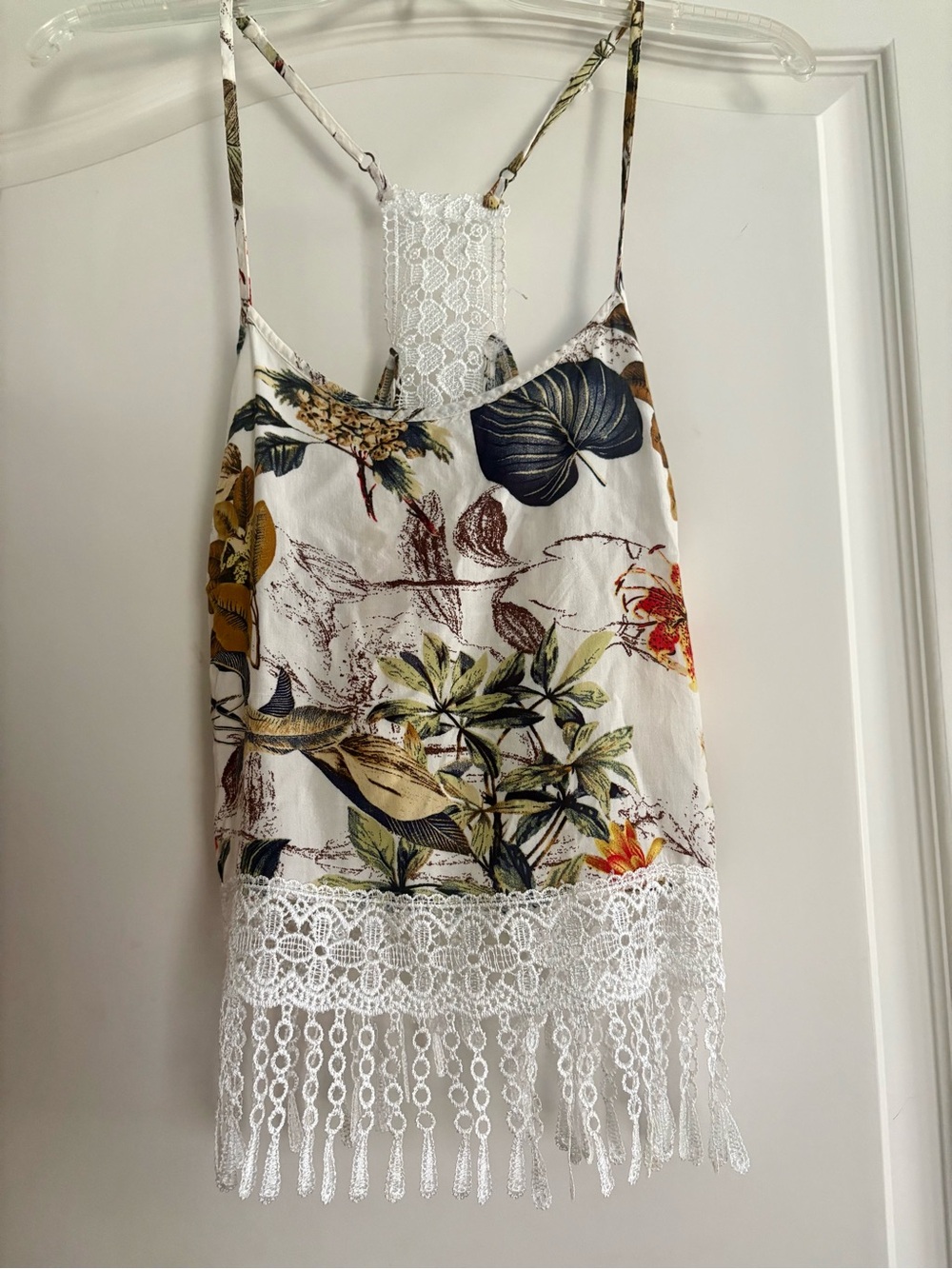 White Floral Lace Trim Camisole with Fringe